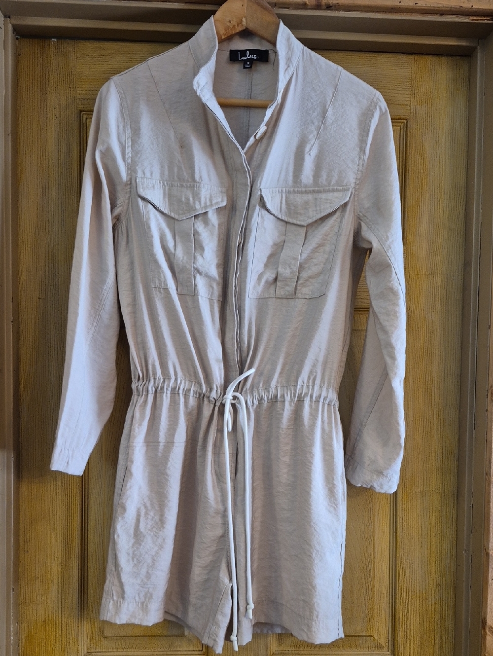 Lulus Long Sleeve Button Up Tie Waistband Romper Size Small Bamboo Nylon Blend